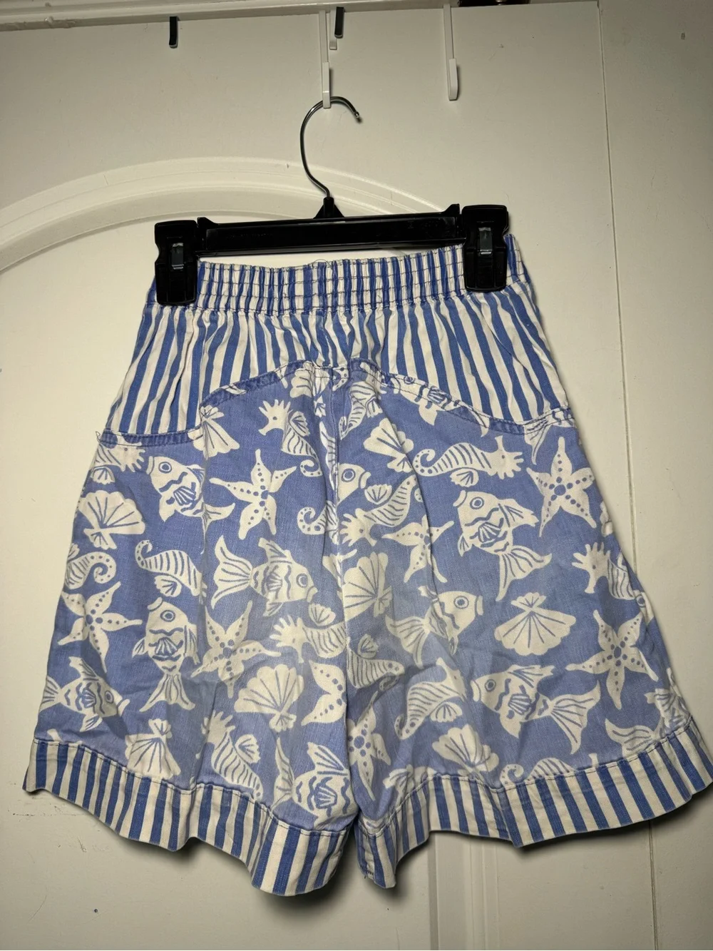 Vintage Blue White Sea-Life Print Kids Shorts